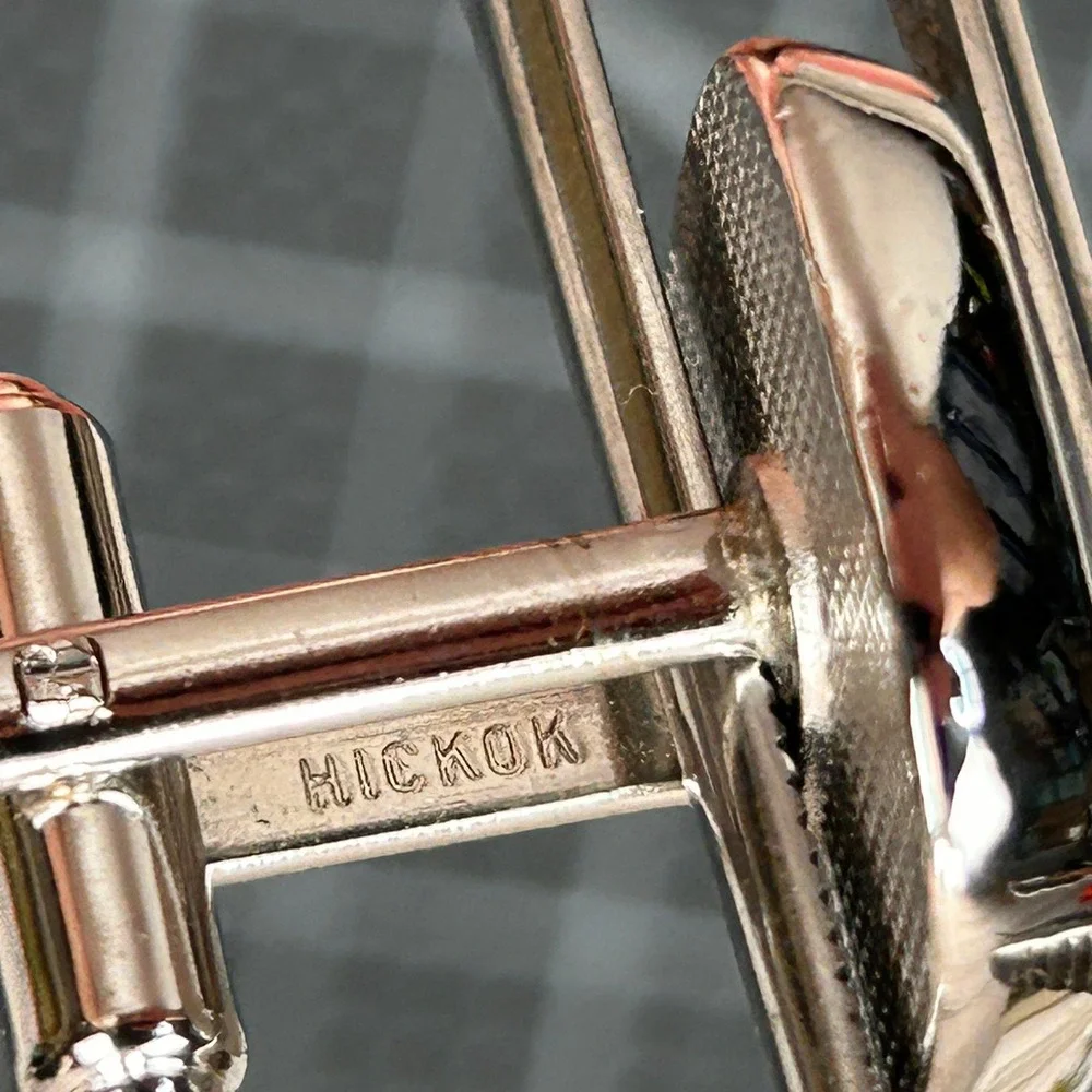 Vintage Hickok‎ USA Cufflinks Silver Tone Square Blue Black Swirl Toggle Back